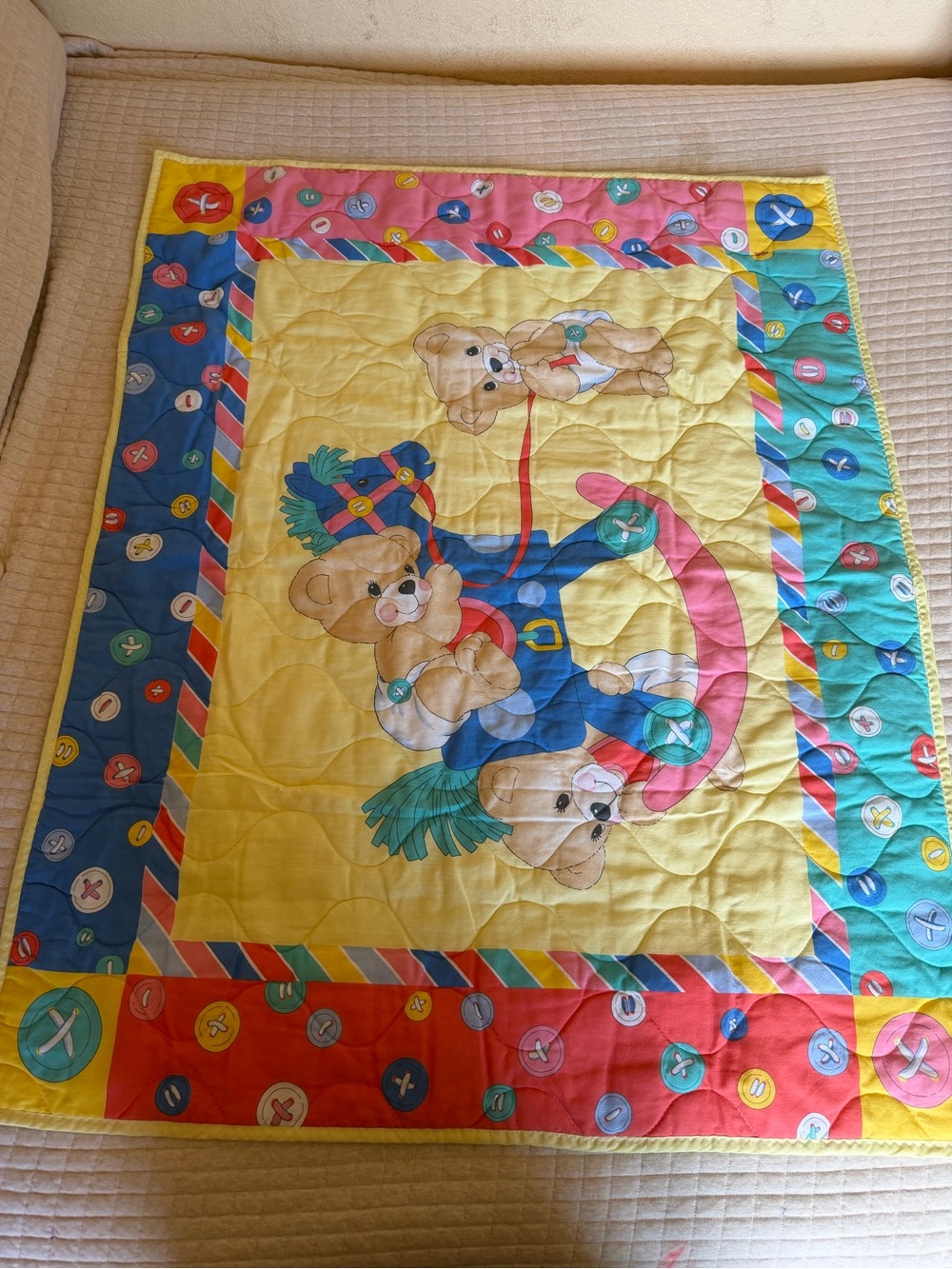 Vintage Quilted Bear Play Blanket - Yellow, Blue, Pink, Red, Green